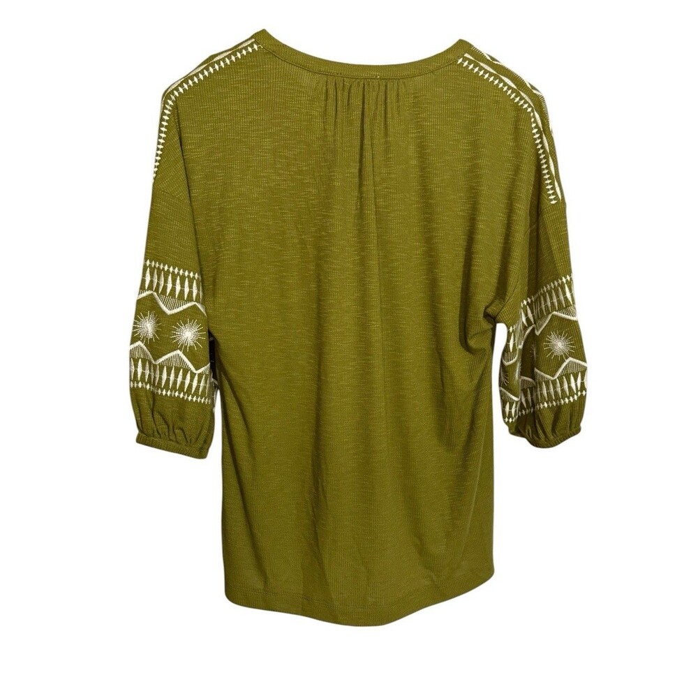 NWT Westbound S Small Olive Green Embroidered Ribbed Knit 3/4 Sleeve Peasant Top - Picture 3 of 10